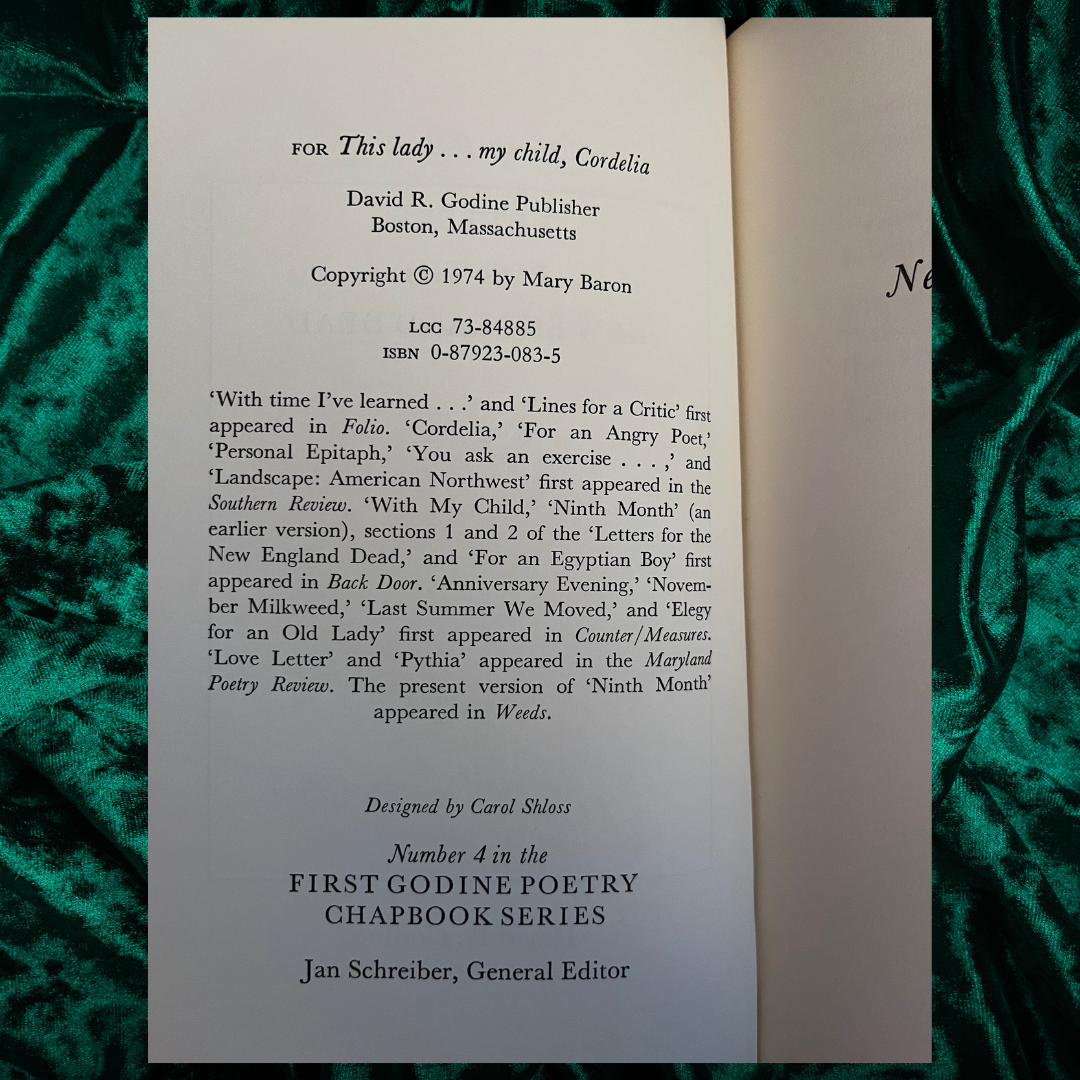 Letters For The New England Dead by Mary Baron (1974 1st Edition)